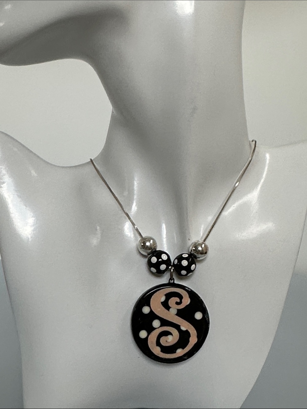 925 Sterling silver Black Polka Dot Pendant Necklace made in italy